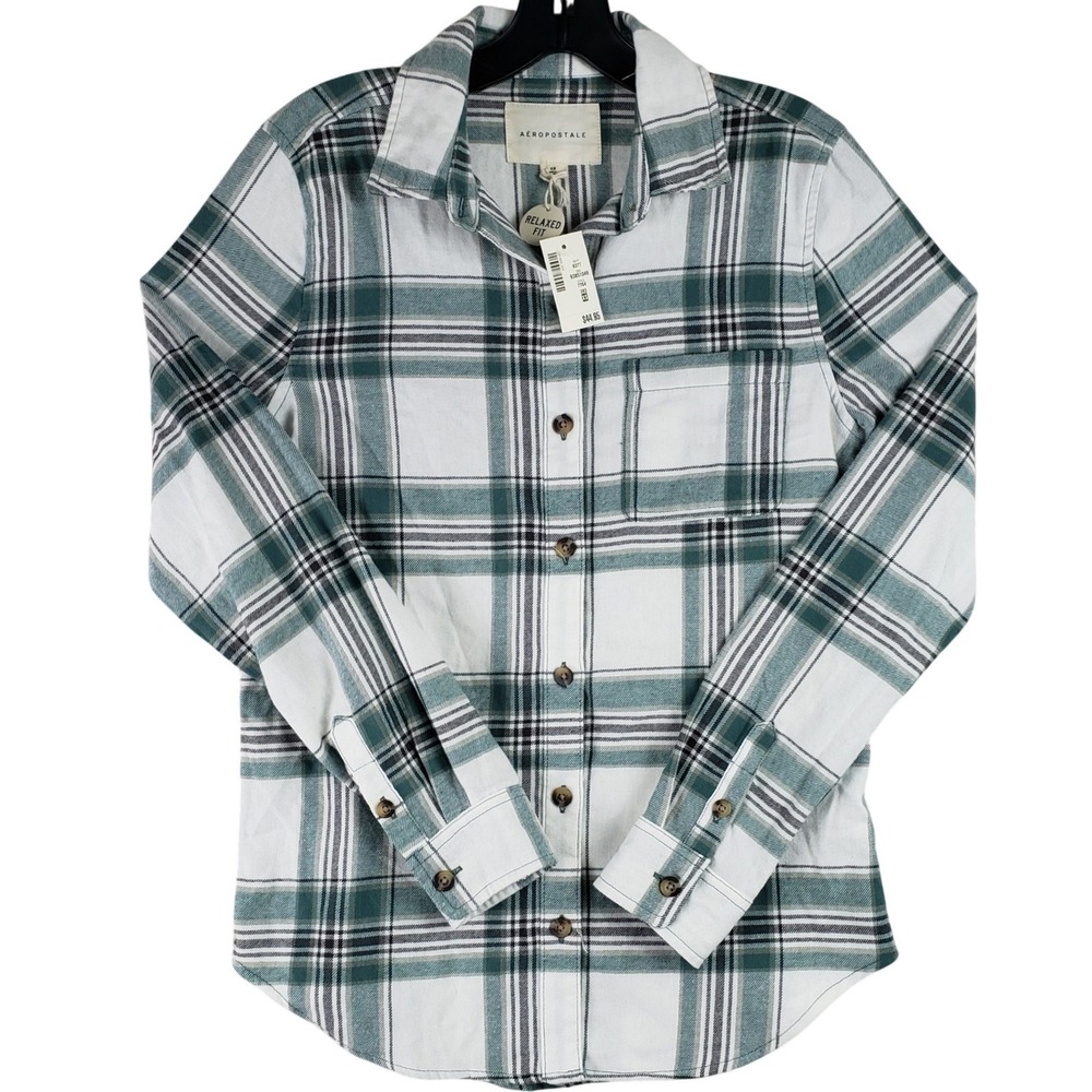 Aeropostale Relaxed Fit Shirt Womens XS Green White Plaid Button Down NWT Casual